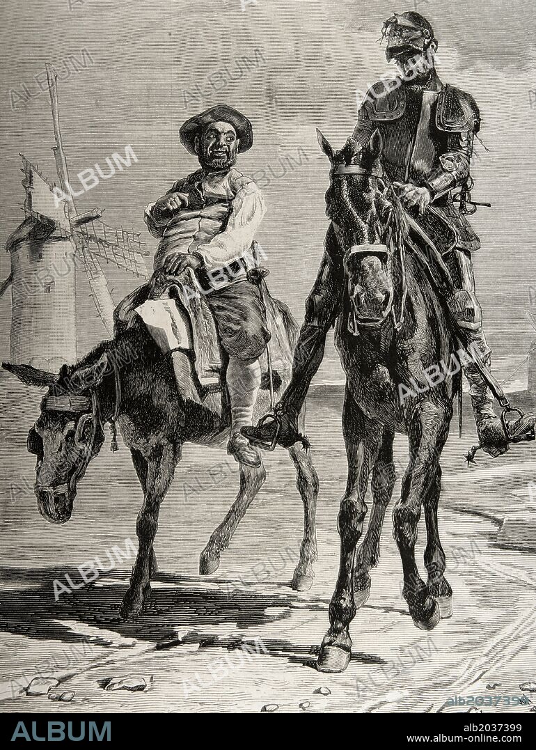 Miguel de Cervantes (1547-1616). Spanish writer. Conversation between Don Quixote and Sancho Panza after the adventure of the windmills. Chapter VIII. Engraving by E. Vela. 19th century.