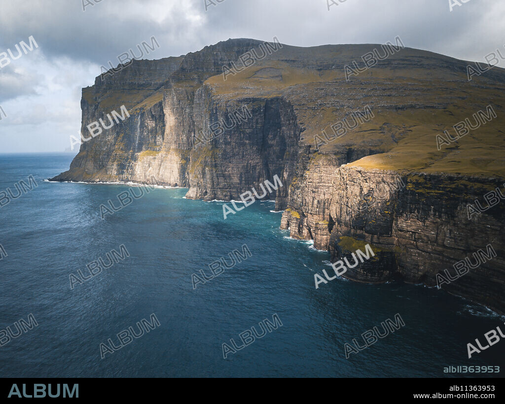Aerial shot of Vagar island shores in the Faroe Islands.