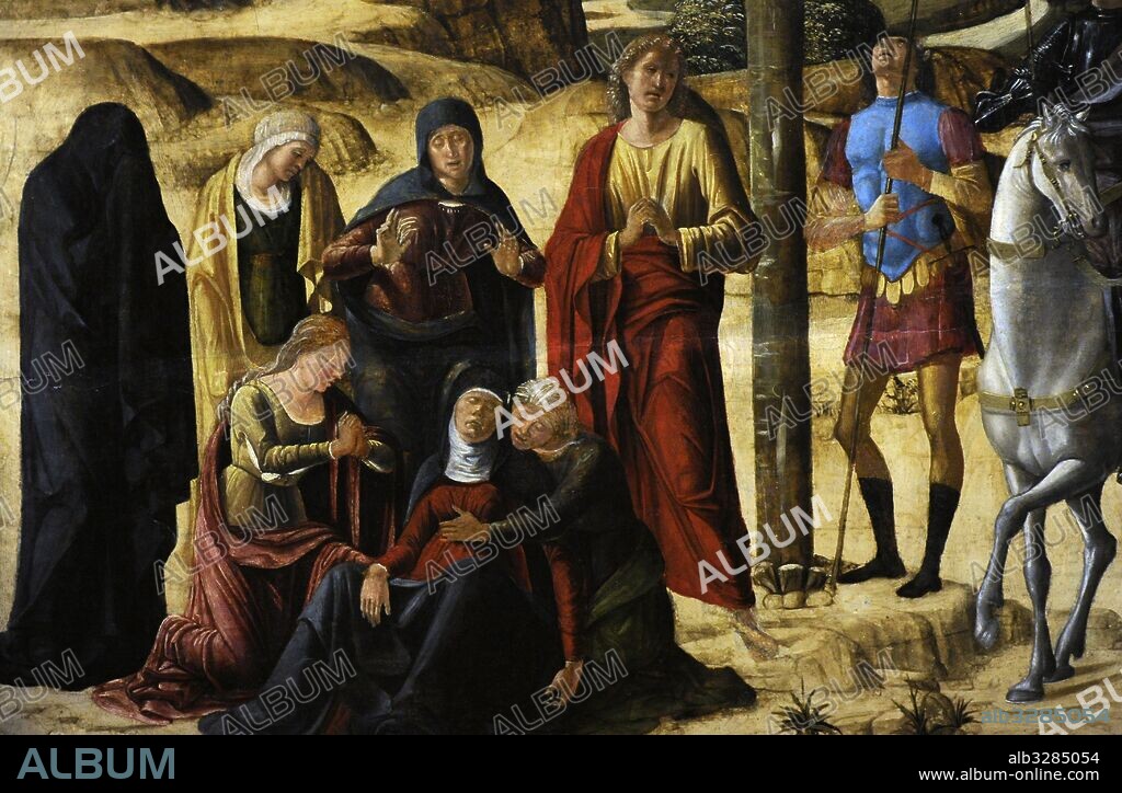 Unknown painter of Verona, active in the last quarter of 15th century. Crucifixion, 1490-93. Renaissance. Detail: Virgin Mary, Mary of Clopas, Mary Magdalene, Saint John. Museo di Capodimonte. Naples, Italy.