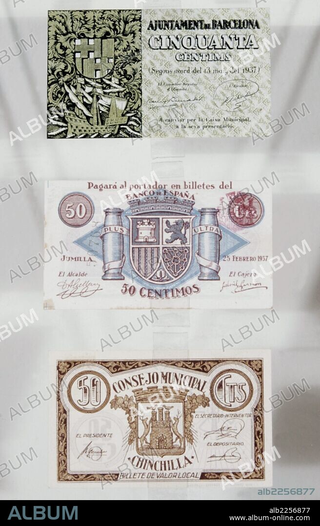 GUERRA CIVIL ESPAÑOLA 1936 - 1939. NUMISMATICA. PAPEL MONEDA EMITIDO POR LOS AYUNTAMIENTOS DE BARCELONA , JUMILLA Y CHINCHILLA.