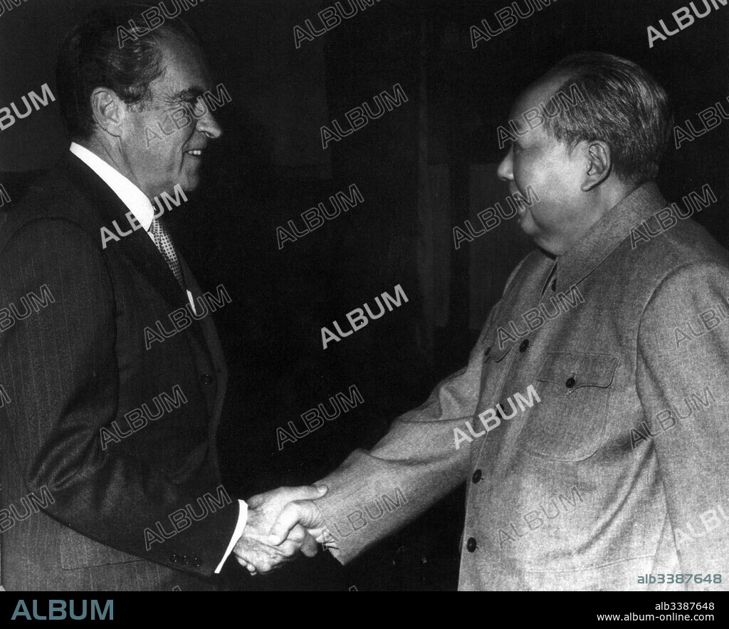 US President Richard Nixon meets Chinese Communist Party leader Chairman Mao Zedong or Mao Tse-tung (1893 - 1976), during the American President's visit to China in 1972.