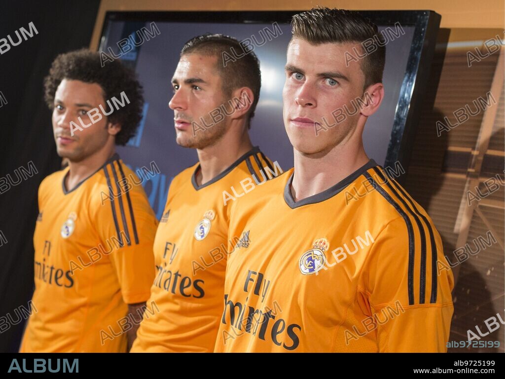 Madrid, September 12, 2013. Marcelo, Benzema and Bale Present the New Real Madrid Shirts for the Champions League. Photo: Ignacio Gil. Ä¶.ArchdcÄ¶. Ignacio Gil.