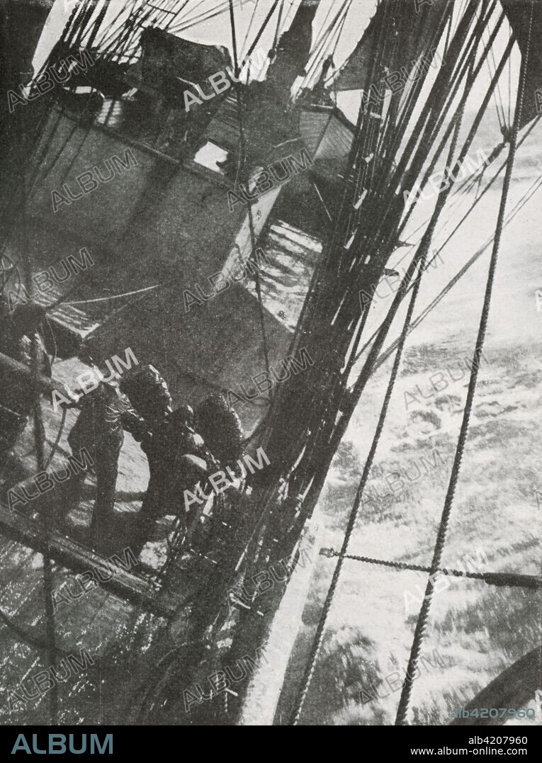 'Manning the Pumps', c1910?1913, (1913). Crew on the Terra Nova. The final expedition of British Antarctic explorer Captain Robert Falcon Scott (1868-1912) left London on 1 June 1910 bound for the South Pole. The Terra Nova Expedition, officially the British Antarctic Expedition (1910-1913), included a geologist, a zoologist, a surgeon, a photographer, an engineer, a ski expert, a meteorologist and a physicist among others. Scott wished to continue the scientific work that he had begun when leading the Discovery Expedition to the Antarctic in 1901-04. He also wanted to be the first to reach the geographic South Pole. Scott, accompanied by Dr Edward Wilson, Captain Lawrence Oates, Lieutenant Henry Bowers and Petty Officer Edgar Evans, reached the Pole on 17 January 1912, only to find that the Norwegian expedition under Amundsen had beaten them to their objective by a month. Delayed by blizzards, and running out of supplies, Scott and the remainder of his team died at the end of March. Their bodies and diaries were found eight months later. From Scott's Last Expedition, Volume I. [Smith, Elder & Co., London, 1913].