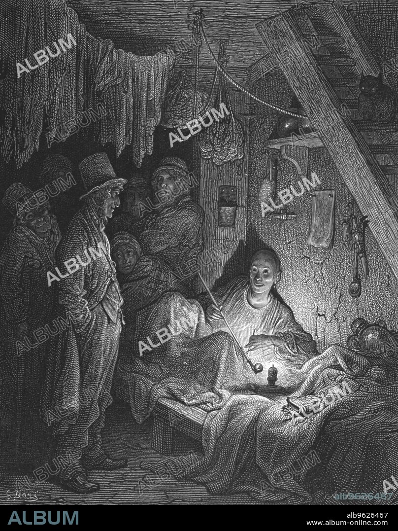 GUSTAVE DORÉ. 'Opium Smoking-The Lascar's Room in 'Edwin Drood"', 1872. Limehouse and Pennyfields had opium-smoking and gambling rooms. Charles Dickens described a Docklands opium den in 'The Mystery of Edwin Drood'. From, "LONDON. A Pilgrimage" by Gustave Dore and Blanchard Jerrold. [Grant and Co., 72-78, Turnmill Street, E.C., 1872].