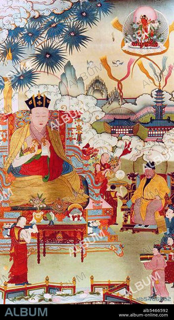 Deshin Shekpa (1384–1415), also Deshin Shegpa, was the fifth Gyalwa Karmapa, head of the Kagyu School of Tibetan Buddhism. Deshin Shekpa was born in Nyang Dam in the south of Tibet. According to the legend he said after being born: 'I am the Karmapa. Om mani padme hum shri.' Deshin Shekpa was taken to Tsawa Phu who recognized him as the reincarnation of the Karmapa. Deshin traveled extensively through Tibet and Mongolia and taught people about non-violence. After having finished his education, he was invited in 1403 by the emperor of China, because Emperor Zhu Di, the Yongle Emperor, (1402-1424) had a vision of Avalokitesvara. He also required religious ceremonies to be held for his deceased parents. The Karmapa was very well received in China and a number of miraculous occurrences are reported. He also performed ceremonies for the emperor's family. The emperor presented him with 700 measures of silver objects and bestowed the title of 'Precious Religious King, Great Loving One of the West, Mighty Buddha of Peace'. He also gave him a material representation of the famous and ethereal 'Vajra Crown' which was said to be invisible to all except those of most pure spirit.