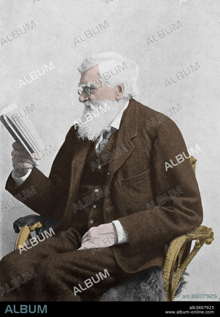 A portrait of Alfred Russel Wallace (1823-1913), British naturalist. Wallace organised expeditions to the Amazon and Malaysia and was the first European to see orang-utans in the wild. Wallace collected many specimens and founded the study of the geographical distribution of animals (biogeography). He formulated (independent of Charles Darwin) the theory of natural selection as a mechanism for the origin of species. He and Darwin presented their results in a joint paper in 1858 before the Linnean Society. New York Public Library Picture Collection. Colorization of BF3924.