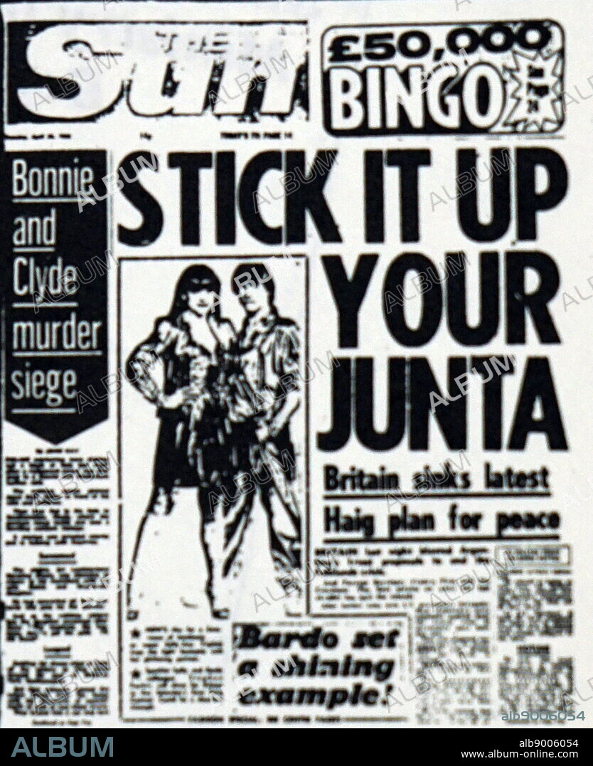 Front page of the Sun reporting on the sinking of the ARA General Belgrano during the Falklands War. Dated 20th Century.
