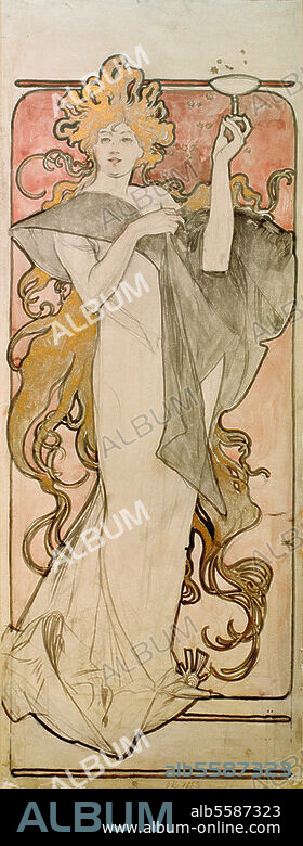ALPHONSE MUCHA. Mucha, Alfons 1860-1939. Entwurf zum Plakat "Champagne Ruinart", 1896. Wasserfarben über Blei, Blattgold, 58,8 × 22,1 cm. Mucha Trust.