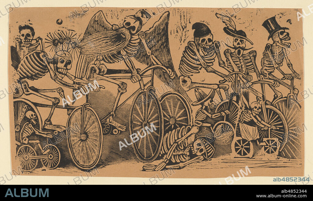 Skeletons (calaveras) riding bicycles, ca. 1900.