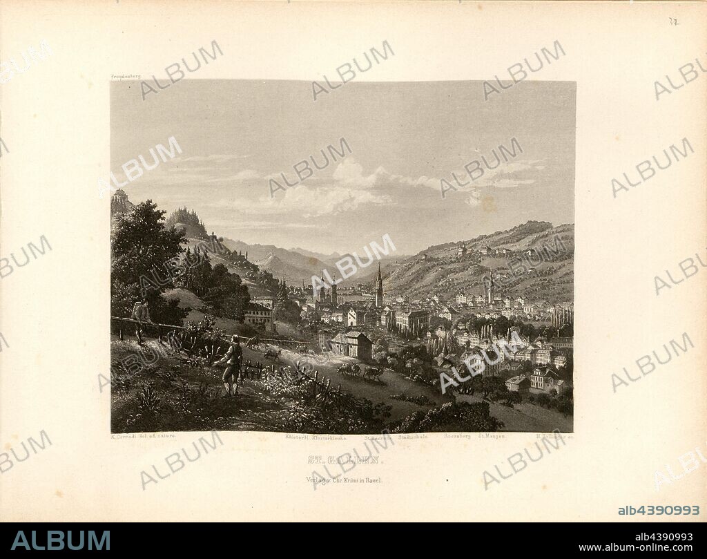 St. Gallen, View of St. Gallen with monastery church and Rosenberg, signed: K. Corradi (del. Ad natura), H. Zollinger (sc.), Pl., 32, p. 69, Corradi, Konrad (del. ad natura); Zollinger, Heinrich (sc.), 1870, Ludwig Rohbock: Album der Nord- und Ostschweiz: 100 Stahlstiche aus den Cantonen Basel, Solothurn, Aargau, Zürich, Schaffhausen, Thurgau, St. Gallen, Appenzell, Glarus und Graubünden. Basel: Verlag von Chr. Krüsi, [ca. 1870].