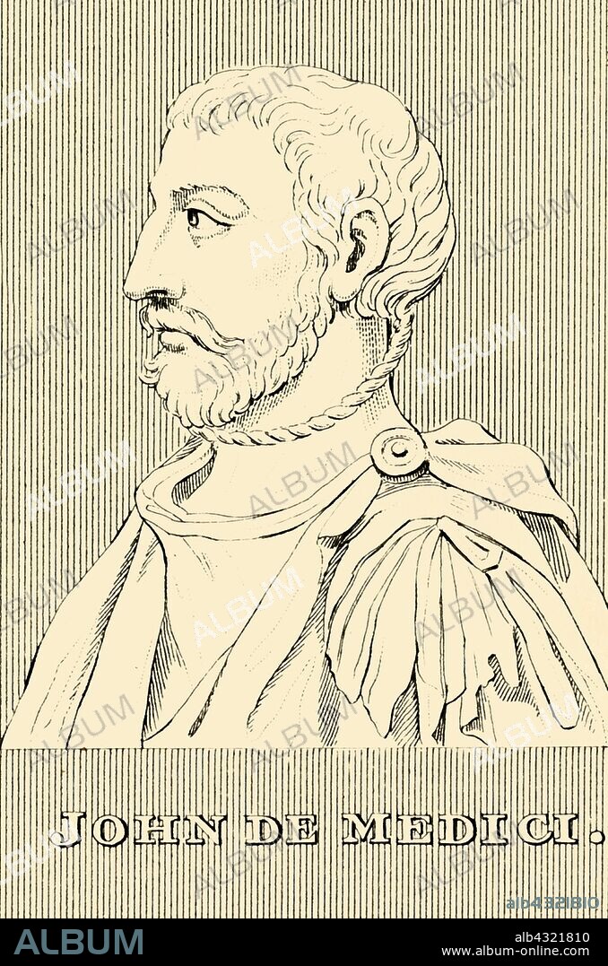 'John De Medici', (1498-1526), 1830. Lodovico de' Medici (1498-1526) Italian condottiero who carried arms for Pope Leo X  and Francis I of France, shot in battle near Governolo, his leg was amputated and he died five days later aged 28. From "Biographical Illustrations", by Alfred Howard. [Thomas Tegg, R. Griffin and Co., J. Cumming, London, Glasgow and Dublin, 1830].