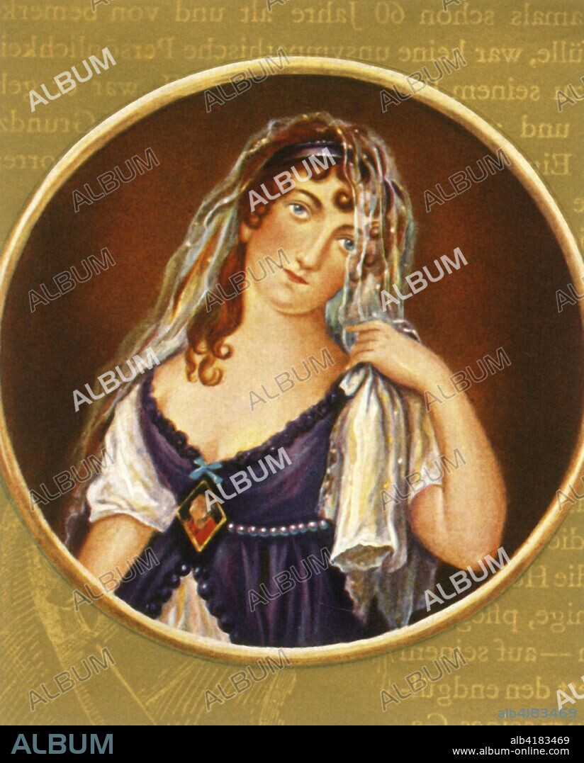 'Juliette Recamier', (1933). Portrait of French socialite Juliette Recamier (1777-1849), a prominent figure in French literary and political circles in the early 19th century. After a miniature by Jean-Baptiste Augustin. From "Gestalten Der Weltgeschichte", a book of cigarette-card portrait miniatures of figures in world history from the last four hundred years. [Germany, 1933].