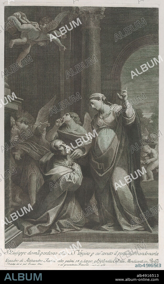 Giuliano Traballesi, Saint Joseph asking the Virgin's pardon for having thought of deserting her, with angels at left and overhead, Giuliano Traballesi (Italian, Florence 17271812 Milan), After Alessandro Tiarini (Italian, Bologna 15771668 Bologna), 17601800, Etching and engraving, Plate: 17 5/8 × 10 1/2 in. (44.7 × 26.6 cm), Sheet: 21 7/8 × 15 3/4 in. (55.6 × 40 cm), Prints.
