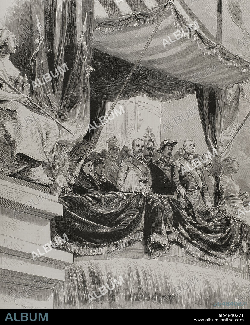 History of France. Paris Universal Exhibition of 1878. Opening of the Paris Exposition on May 1, 1878. Marshal Patrice de Mac Mahon declares the event inaugurated, from the tribune of the Trocadero Palace. The Expo was then open to the public from 20 May to 10 November 1878. Engraving. La Ilustración Española y Americana, 1878.