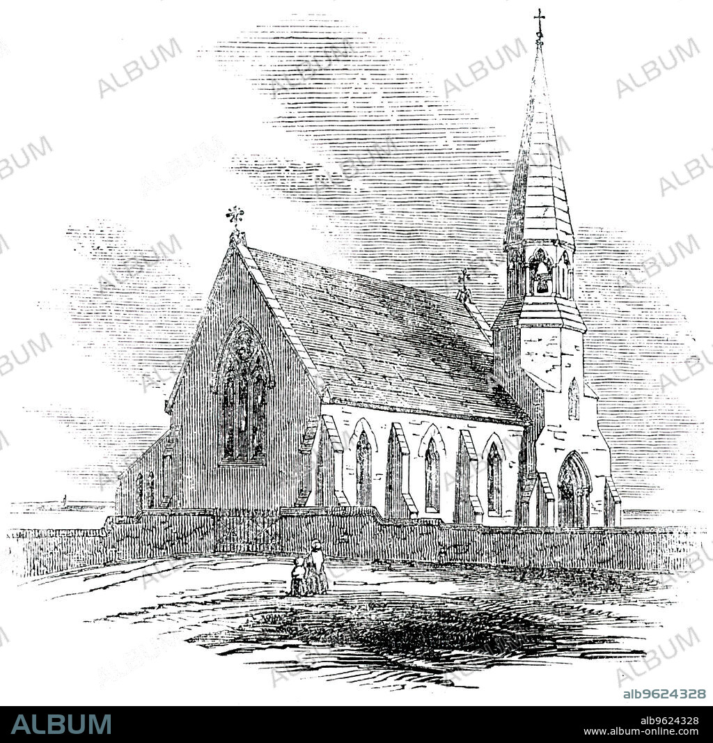 New Church, Rye Harbour, Sussex, 1850. 'This Church, situated at the mouth of the port of Rye...lately consecrated by the Bishop of Chichester, was built during the summer of 1849, at an estimated cost of £933 11s. 8d., and contains 110 sittings. The architect is Mr. Teulon, of Lansdowne-place, London: the builder is Mr. J. Judge, of Rye. The edifice is plain early Gothic; it is of blue local stone, with Caen stone groins and mouldings: the walls and roof are unusually strong and massive, the situation being extremely exposed to the south-west winds. The campanile, the simple proportions of which have been much admired, comprises at once a bell-tower, an organ-gallery, and a porch...The building of this Church was projected, and has been carried through, by the Rev. H. B. Whittaker Churton, Vicar of Icklesham, in which parish lies Rye Harbour'. From "Illustrated London News", 1850.