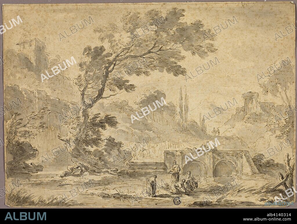 Washerwomen by Stream in Italianate Landscape. Possibly Andrea Locatelli; Italian, 1695-1741; Possibly style of Nicolas Poussin; French, 1594-1665; Possibly style of Antonio Zucchi; Italian, 1726-1795. Date: 1705-1741. Dimensions: 250 x 355 mm. Pen and brown ink, with brush and gray wash and traces of graphite, on cream laid paper. Origin: Italy.