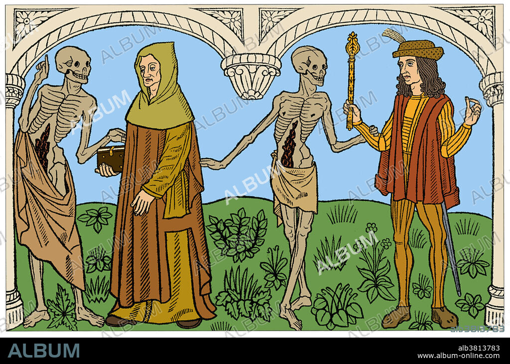 Woodcut illustration from Guy Marchant's 1485 edition of the Danse Macabre. Dance of Death, also called Danse Macabre (French), Danza Macabra (Italian), Dansul Mortii (Romanian), Danza de la Muerte (Spanish), Dansa de la Mort (Catalan), Danca Macabra (Portuguese language), Totentanz (German), Dodendans (Dutch), Surmatants (Estonian), is an artistic genre of late medieval allegory on the universality of death: no matter one's station in life, the Dance of Death unites all.