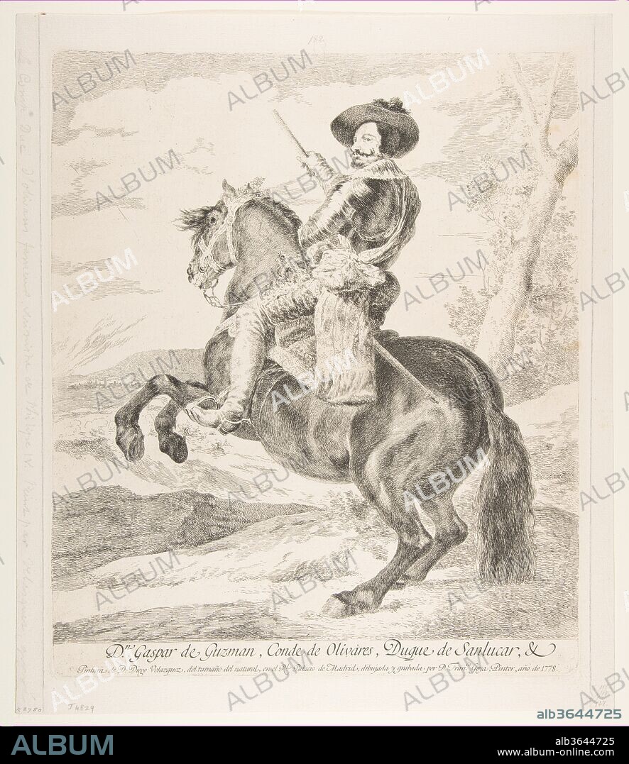 GOYA (FRANCISCO DE GOYA Y LUCIENTES) y AFTER VELÁZQUEZ (DIEGO RODRÍGUEZ DE SILVA Y VELÁZQUEZ). Gaspar de Guzman, Count of Olivares on horseback, after Velázquez. Artist: Goya (Francisco de Goya y Lucientes) (Spanish, Fuendetodos 1746-1828 Bordeaux); After Velázquez (Diego Rodríguez de Silva y Velázquez) (Spanish, Seville 1599-1660 Madrid). Dimensions: Plate: 14 5/8 × 12 3/8 in. (37.2 × 31.4 cm)
Sheet: 16 5/16 × 14 1/8 in. (41.4 × 35.8 cm). Sitter: Gaspar de Guzman, Count of Olivares and Duke of Sanlucar (Spanish, 1587-1645). Date: 1778.