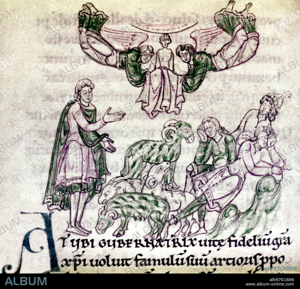 Bede's "Life of St. Cuthbert" showing Aidan being carried to Heaven. Bodleian Library.