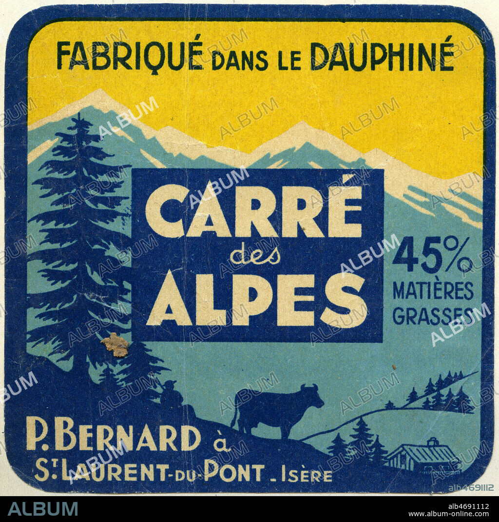 'Carre des Alpes'. Illustration anonyme pour une etiquette de fromage fabrique dans le Dauphine (Isere) vers 1930. Credit : Collection IM/KHARBINE-TAPABOR.