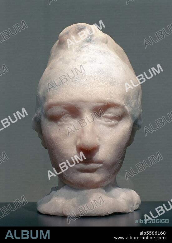 Claudel, Camille; franz. Bildhauerin. (Schwester des Schriftstellers Paul C.). Fere-en-Tardenois (Aisne) 8.12.1864 - Ville-Evrard (Paris) 19.10.1943. "Camille Claudel mit Mütze". Skulptur, um 1911, von Auguste Rodin. (1840-1917) und Jean Gros (1884-1932). nach Modell Rodins um 1886/89. Glaspaste, 24,9 × 14,9 × 17,9 cm. Paris, Musée Rodin.