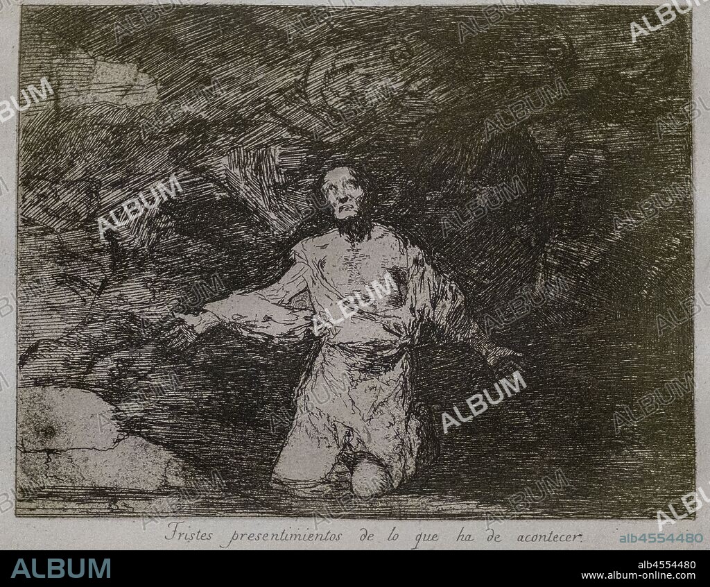 Los desastres de la guerra, n.º 1: Tristes presentimientos de lo que ha de acontecer, 1810 -1814, Francisco de Goya, primera impresión de 1863, realizada por la Real Academia de Bellas Artes de San Fernando de Madrid, convento de San Francisco, Santo Domingo de la Calzada, La Rioja, Spain.