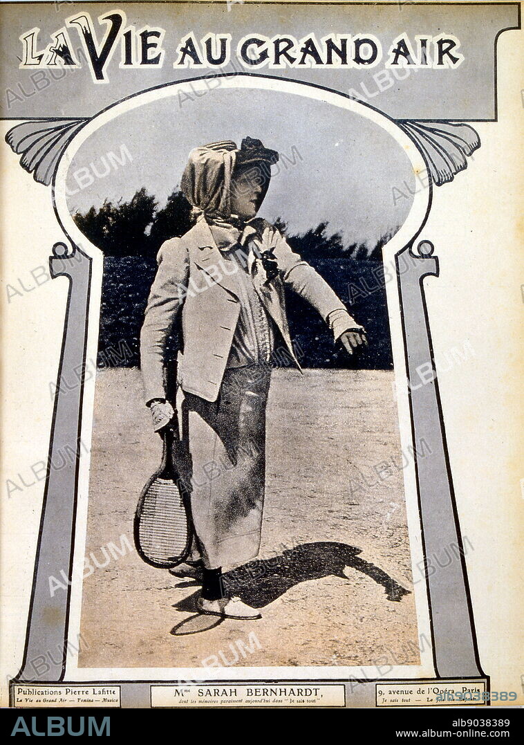 Sarah Bernhardt (1844 - 1923), French stage actress. Photograph showing her playing tennis in 1905. In 1915 she had her leg amputated. She starred in some of the most popular French plays of the late 19th and early 20th centuries. She also played male roles, including Shakespeare's Hamlet.