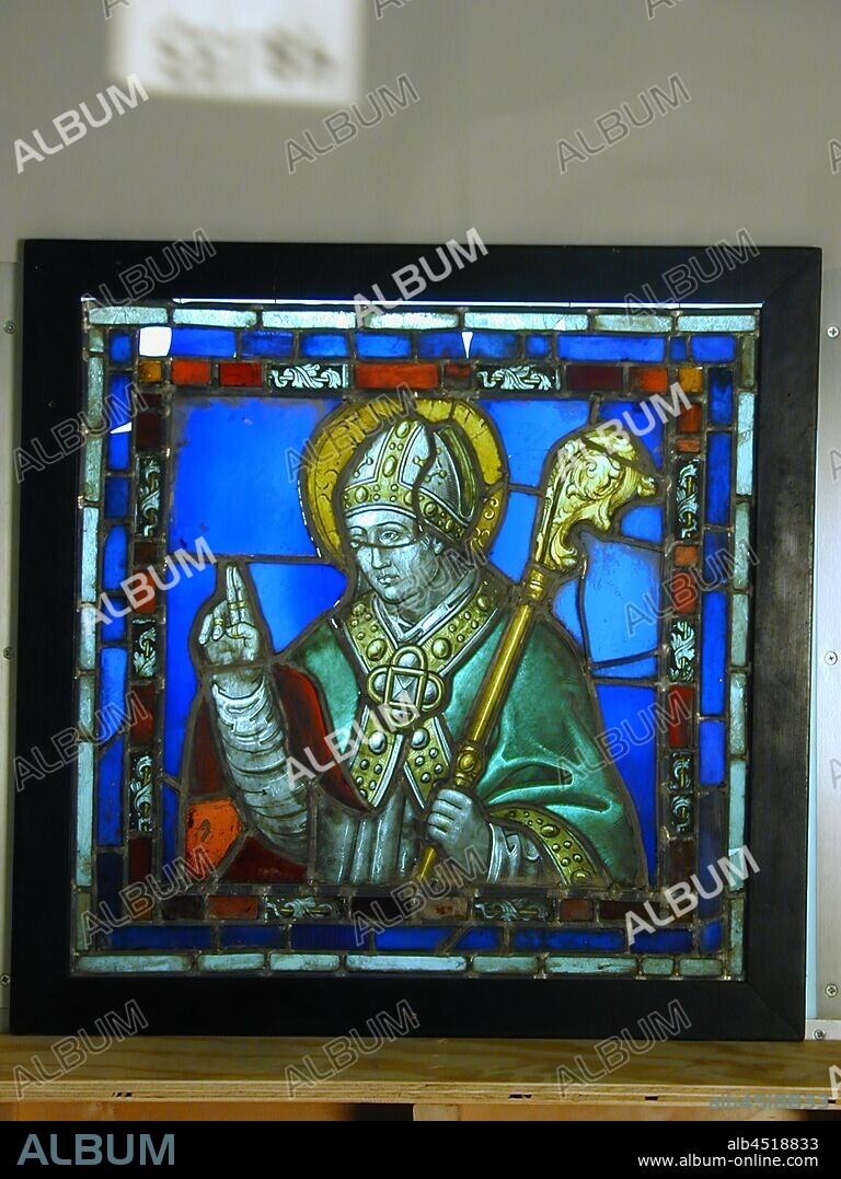 Bishop Saint (Benedict?), c. 1510/1525, Stained glass: Pot metal; white glass with silver stain, Overall: 27 1/2 × 27 3/4 × 3/4 inches (69.9 × 70.5 × 1.9 cm).