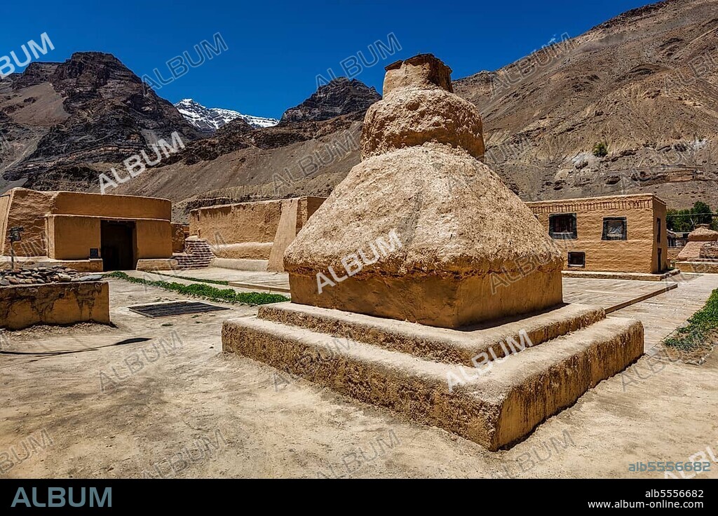 Buddhist Tabo monastery building and gompas made of clay in Tabo village Spiti Valley, Monastery is built on high Himalayan plateau in tradition of Tibetan Buddhism religion, Himachal Pradesh, India