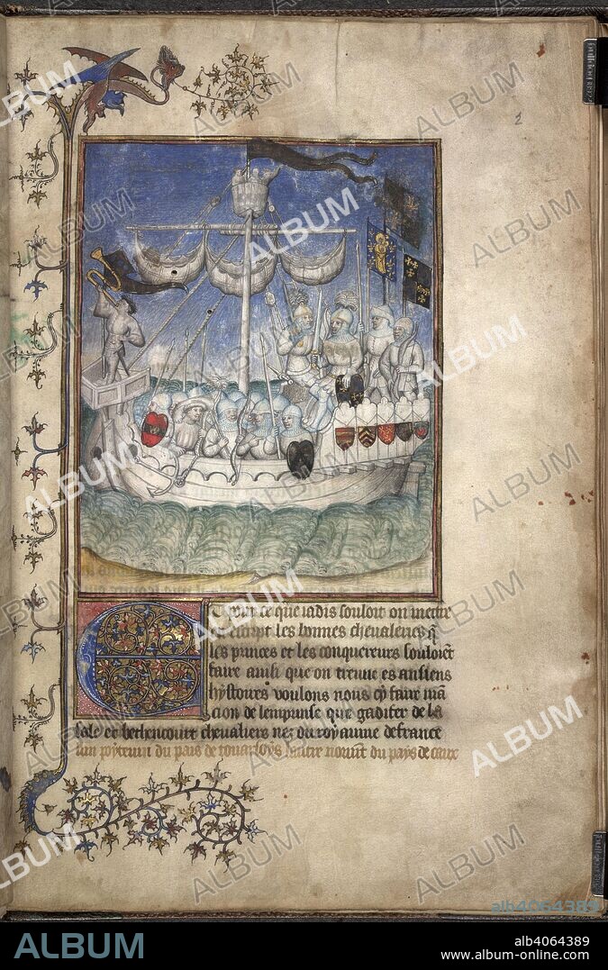 FR. PIERRE BOUTIER et JEHAN LE VERRIER. [Whole folio] An army on board a ship. The flags at the masthead and at the prow and stern, as well as on the two shields, bear the arms of La Salle [al. Sale]. An account of the conquest of the Canary Islands by Gadifer de la Salle and Jehan de Bethencourt, beginning with decorated initial 'E'. Border with foliate decoration. Le Canarien; a History of the Conquest of the Canary Islands. France; circa 1420-1430. Source: Egerton 2709, f.2. Language: French.