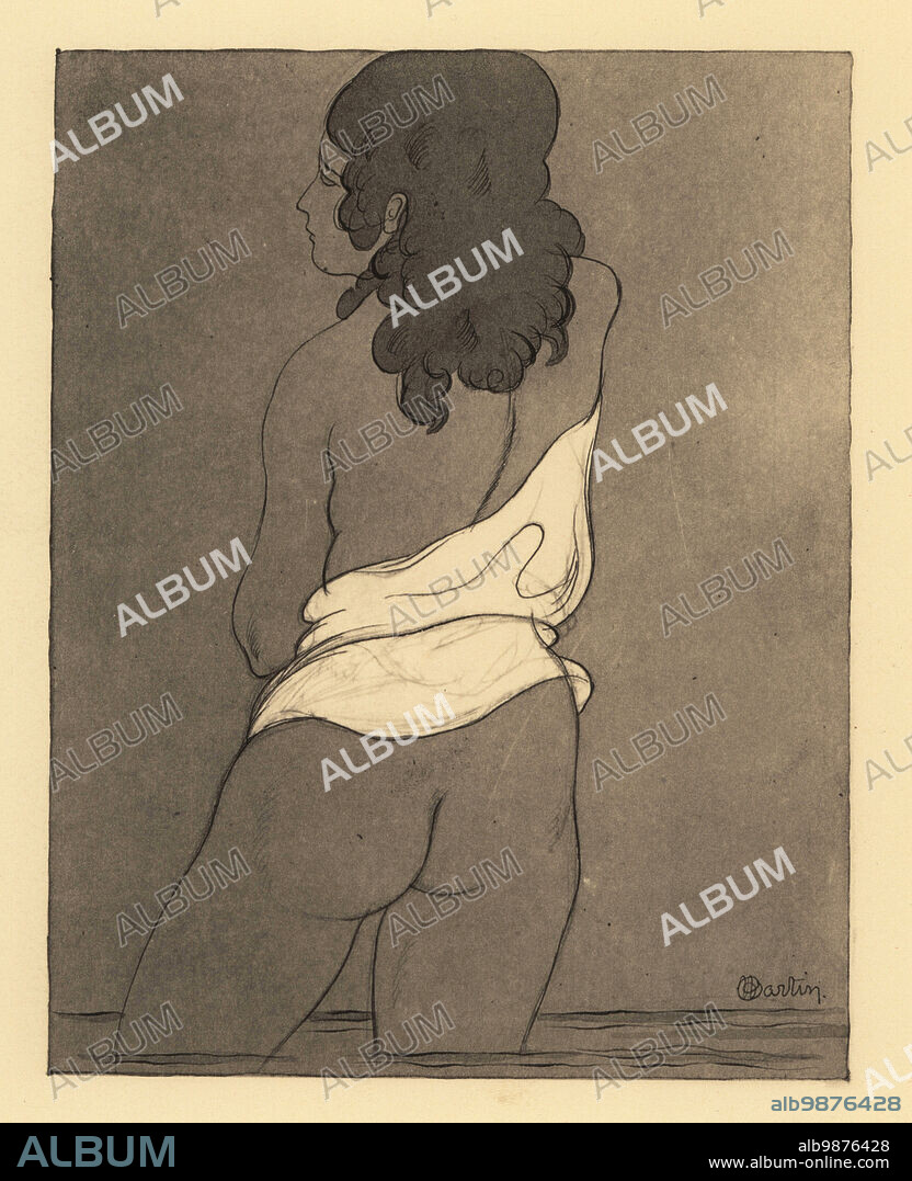 Naked woman up to her knees in water. King Candaules and the doctor of law. Le roi candaule et le maitre en droit. Lithograph after an illustration by Charles Martin from Jean de la Fontaines Contes et Nouvelles en Vers, Tales and Novellas in Verse, Libraire de France, Paris, 1930.