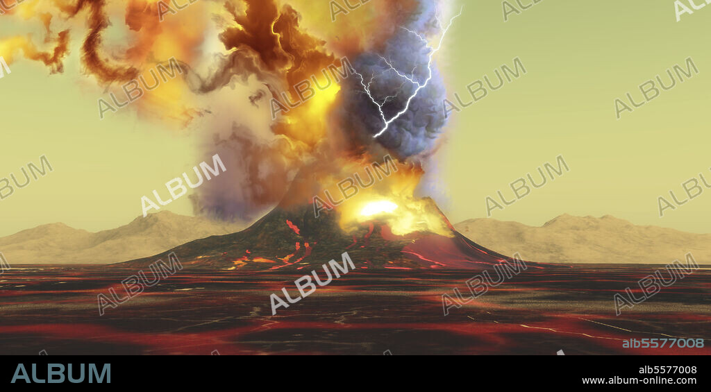 A volcano erupts with a burst of smoke, fire and ash as the landscape becomes rivers of molten lava.