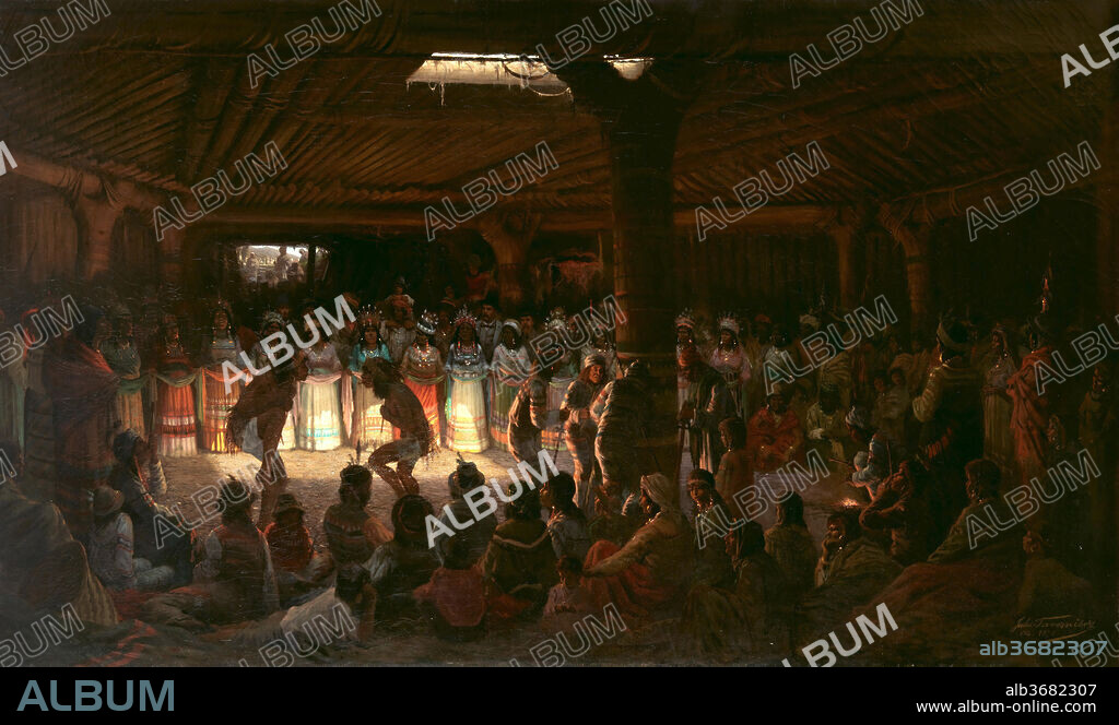 Dance in a Subterranean Roundhouse at Clear Lake, California. Artist: Jules Tavernier (American, born France, 1844-1889). Dimensions: 48 × 72 1/4 in. (121.9 × 183.5 cm). Date: 1878.
Parisian-trained artist Jules Tavernier settled in San Francisco, in the 1870s, where he received his most important commission from Tiburcio Parrott, the city's leading banker.  During a visit from his Parisian business partner Baron Edmond de Rothschild, in 1876, Parrott was able to obtain entry to a sacred ritual in the Pomo Indian's underground roundhouse at Clear Lake, north of San Francisco. The two men were in the process of acquiring the mineral rich lands of the Pomo Indians, which the tribe had inhabited for generations.
Tavernier spent two years working on this recently discovered masterwork, creating a composition of nearly one hundred figures, including two young Pomo male dancers, who, surrounded by the tribe and the white visitors, including Parrott and Rothschild, act out a coming of age ritual.  Tavernier renders the light illuminating the dimly lit interior with brilliant technical finesse by means of highly controlled tonal variation and flashes of color to enliven the scene.  Upon its completion, Parrott presented the painting to Rothschild, where it remained in their family until present time. The painting captures the very moment when white settlers laid claim to the Pomo lands.