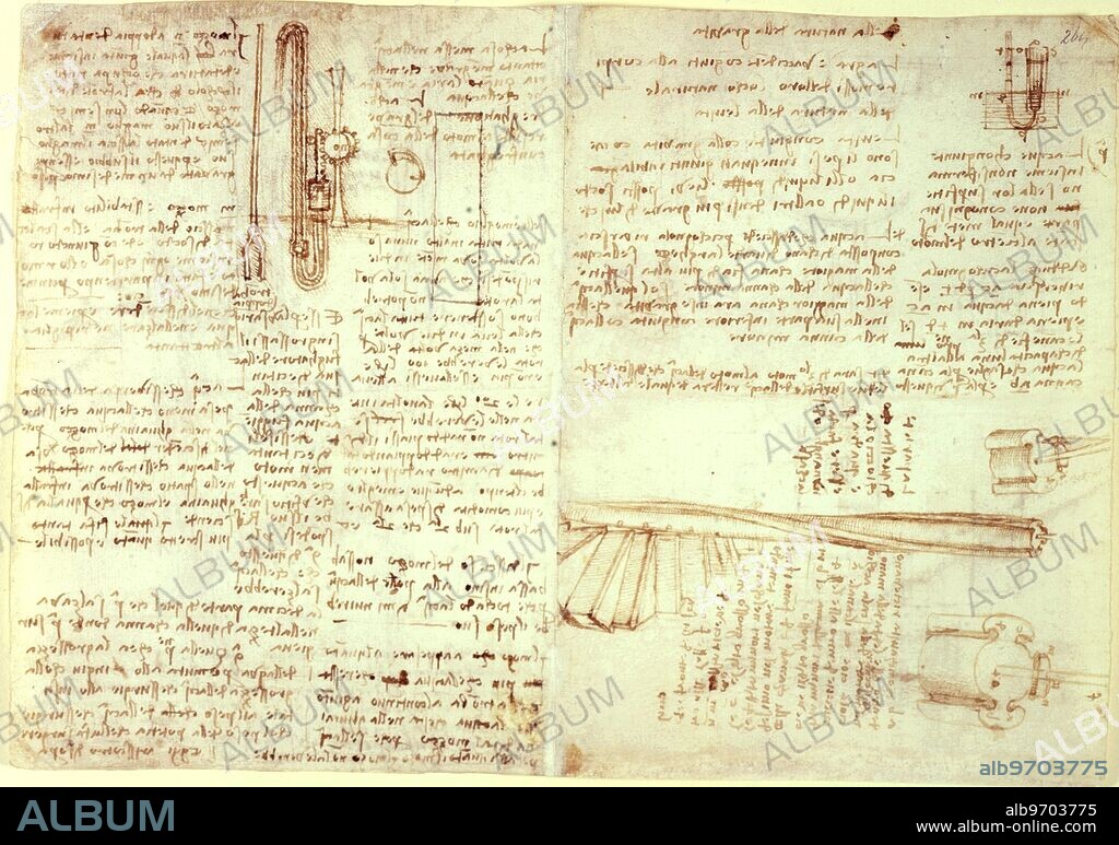 Notes and drawings by Leonardo da Vinci, early 16th century. Pages from the Notebook of Leonardo da Vinci (1452-1519), showing sketches and diagrams.