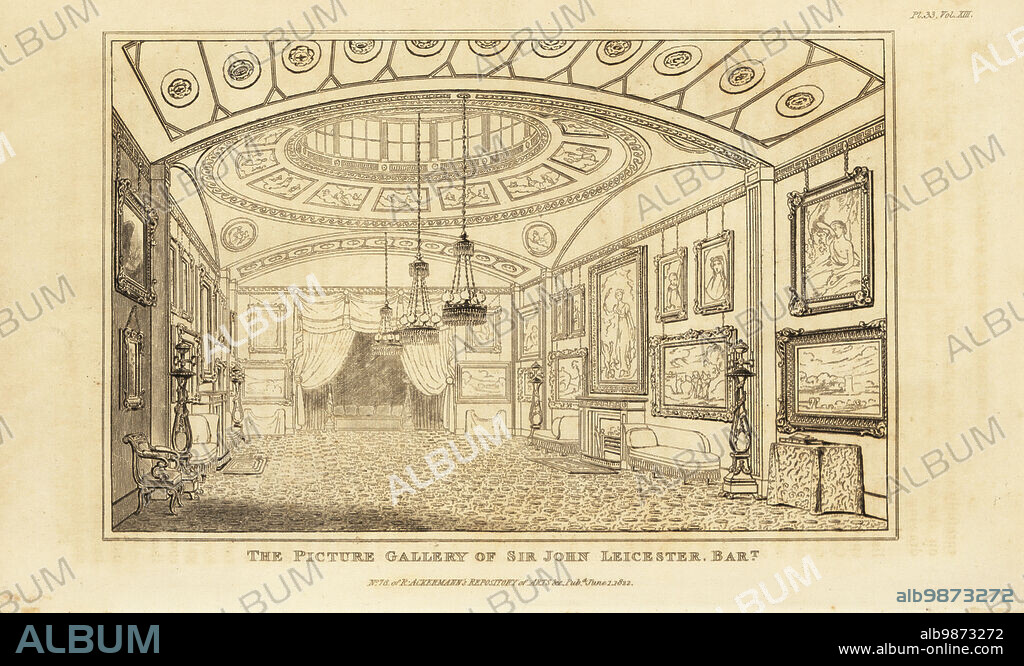 The Picture Gallery of Sir John Leicester, Bart. Leicester, later Baron de Tabley, was an English landowner, politician and art lover. His collection of paintings by Joshua Reynolds, J.M.W. Turner, James Northcote, Thomas Gainsborough, Henry Fuseli, et al. was open to the public in his house in Hill Street, Berkeley Square. Copperplate engraving from Rudolph Ackermanns Repository of Arts, Literature, Fashions, Manufactures, etc., Strand, London, 1822.