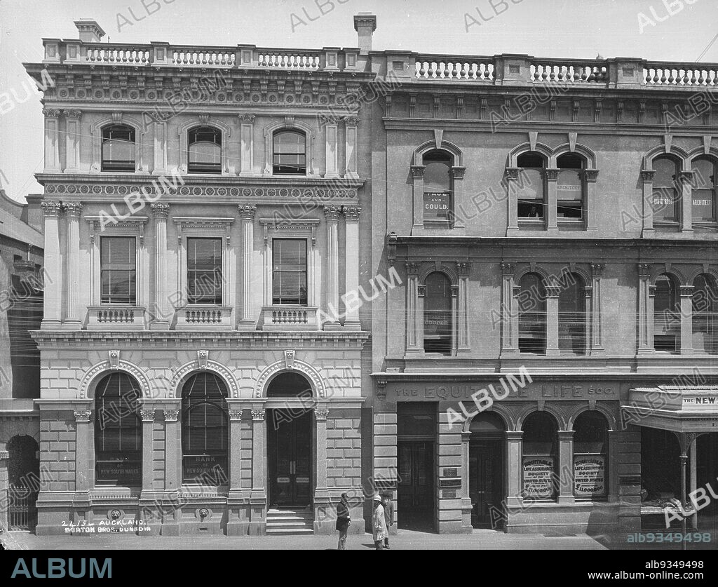 Auckland, Burton Brothers studio, photography studio, Dunedin, gelatin dry plate process, Building housing the Bank of New South Wales and the Equitable Life Society of the United States. On top floor are offices of architects Charles Arnold and David Ross.