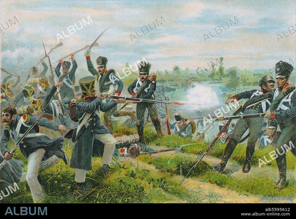 RICHARD KNOETEL. German Wars of Liberation 1813-15:. Autumn campaign 1813. "The sovereign's own regiment near Wartenburg on 3 October 1813". (General York defeats the French led by H.G.Bertrand). Colour lithograph, c. 1890, after Richard Knötel (1857-1914).