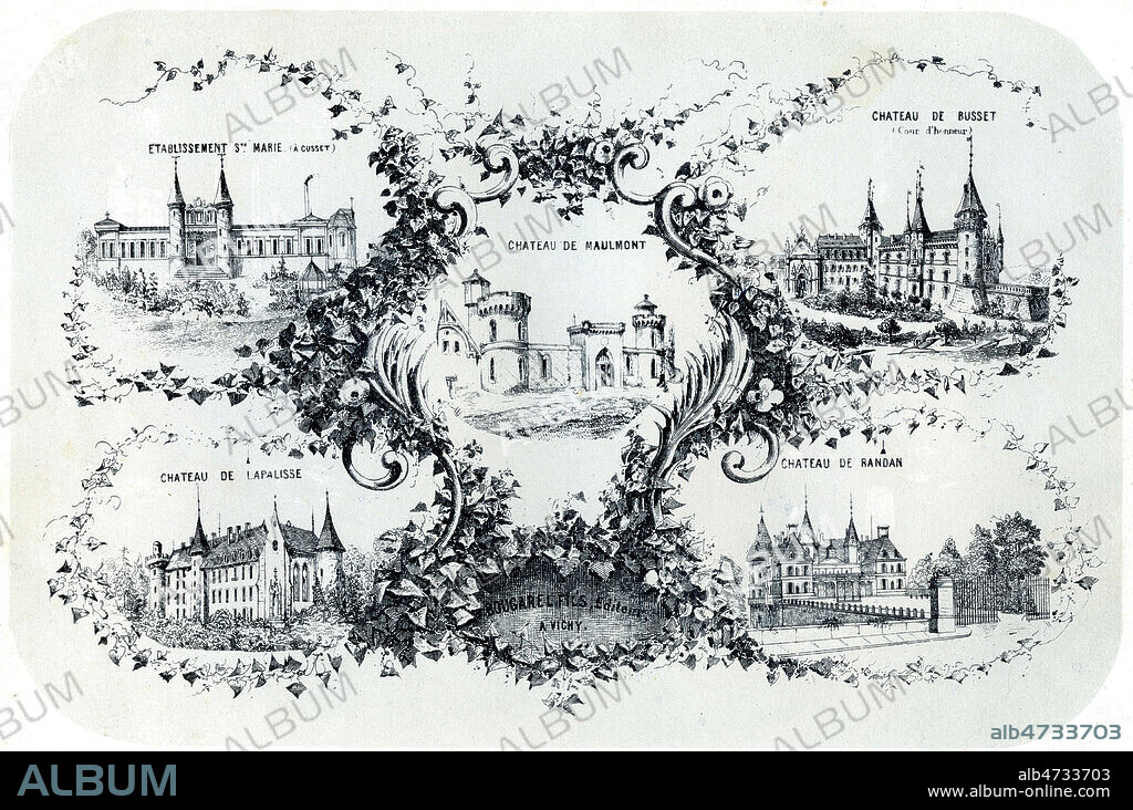 Etablissement Sainte Marie a Cusset, Chateau de Maulmont, Chateau de Bussey, Chateau de Randan, Chateau de Lapalisse, Lithographie de 1872 pour Vichy et ses environs. (19e, 19eme, XIXe s.). Credit : Collection JEAN VIGNE / Kharbine-Tapabor.
