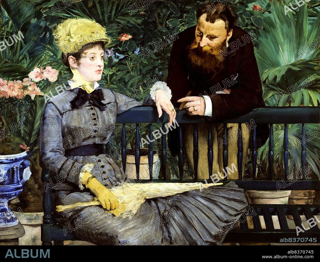 <i>In the Conservatory</i> is an 1879 oil painting by Edouard Manet held by the Alte Nationalgalerie, Berlin. The painting was exhibited in the 1879 Paris Salon.<br/><br/>. In 1896 <i>In the Conservatory</i> was bought by the Deutsche Nationalgalerie in Berlin.