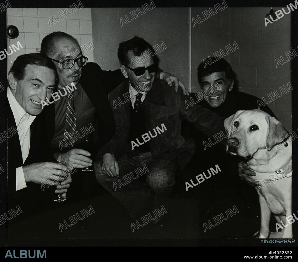 Frank Strazzeri, George Duvivier, Harold Jennings, Louie Bellson and Jennings' guide dog Harvey at the Forum Theatre, Hatfield, Hertfordshire, 6 November 1982.