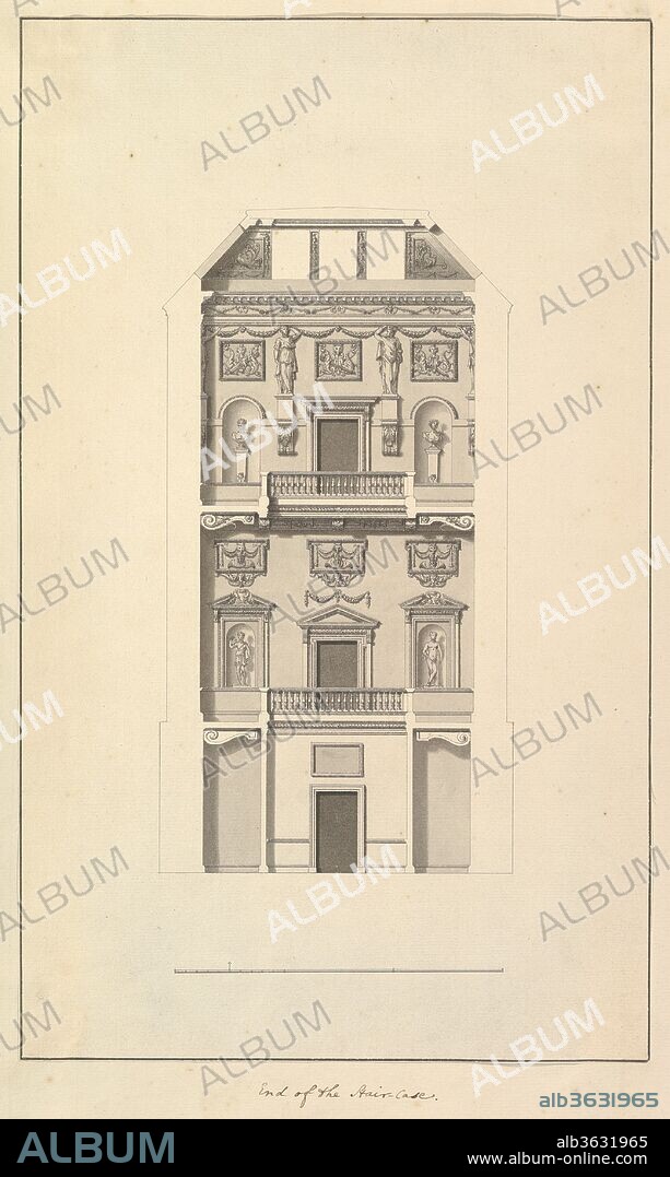 End of Staircase, Houghton Hall, Norfolk. Artist: Isaac Ware (British, before 1704-1766 Hampstead). Dimensions: sheet: 16 1/8 x 9 13/16 in. (41 x 25 cm). Date: 1735.