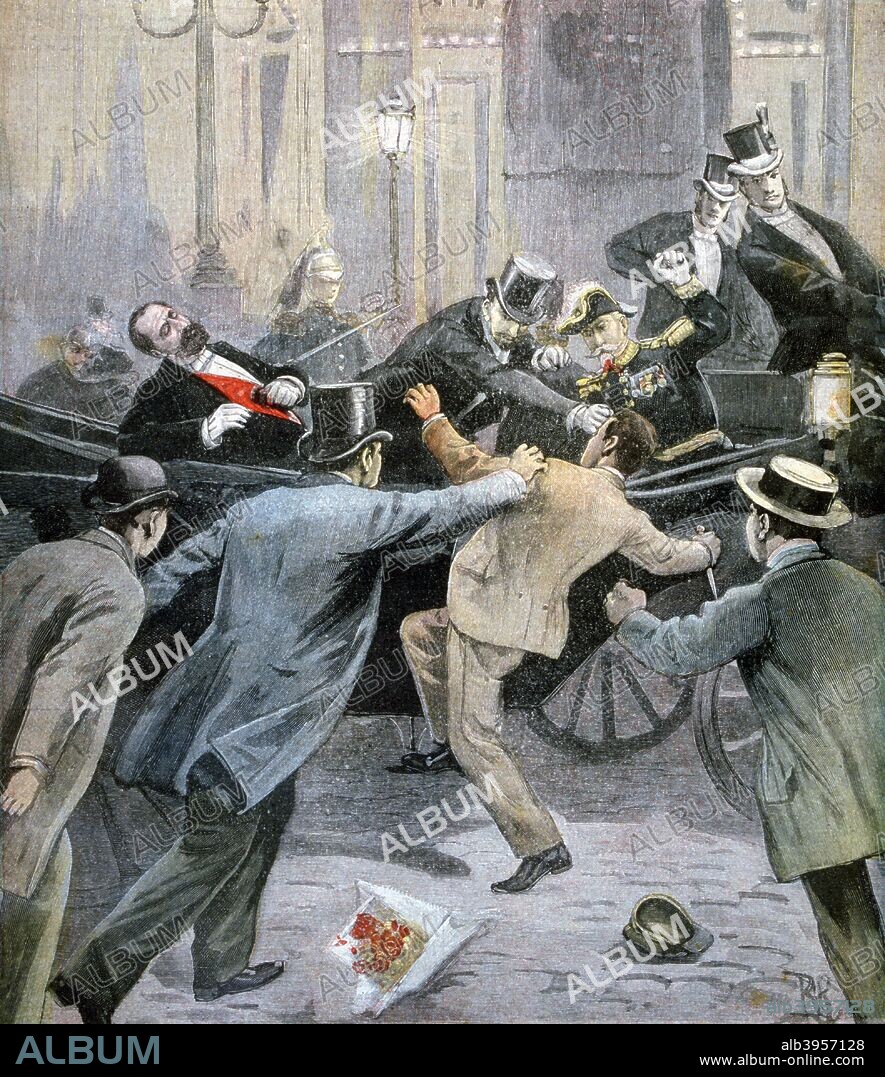 Assassination of Marie François Sadi Carnot, President of the French Third Republic, 1894. Sadi Carnot (1837-1894) was stabbed by an Italian anarchist named Sante Jeronimo Caserio after delivering a speech at a banquet in Lyon on 24th June 1894. A print from the Le Petit Journal, 2nd July 1894.