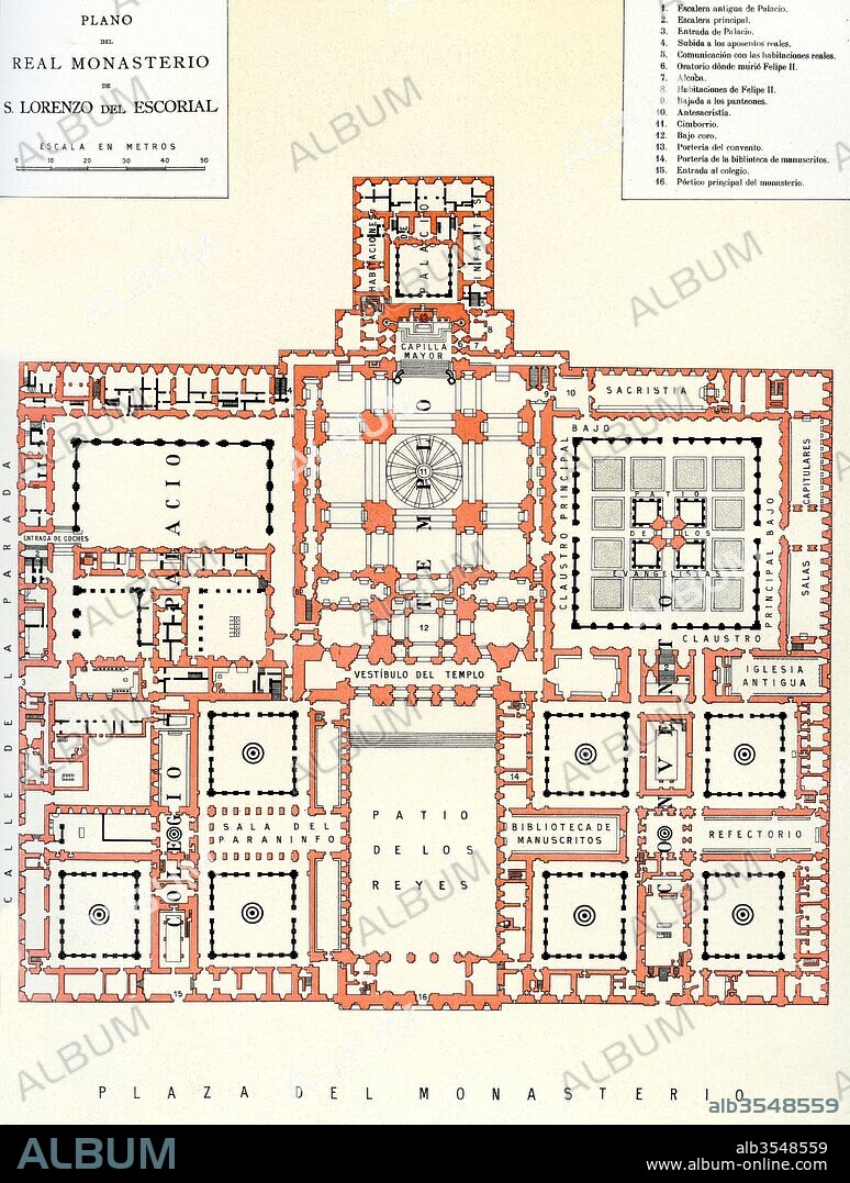 A plan of The Royal Site of San Lorenzo de El Escorial, Madrid, Spain, commonly known as El Escorial. Monasterio de San Lorenzo de El Escorial. From Enciclopedia Ilustrada Segui, published c. 1900.