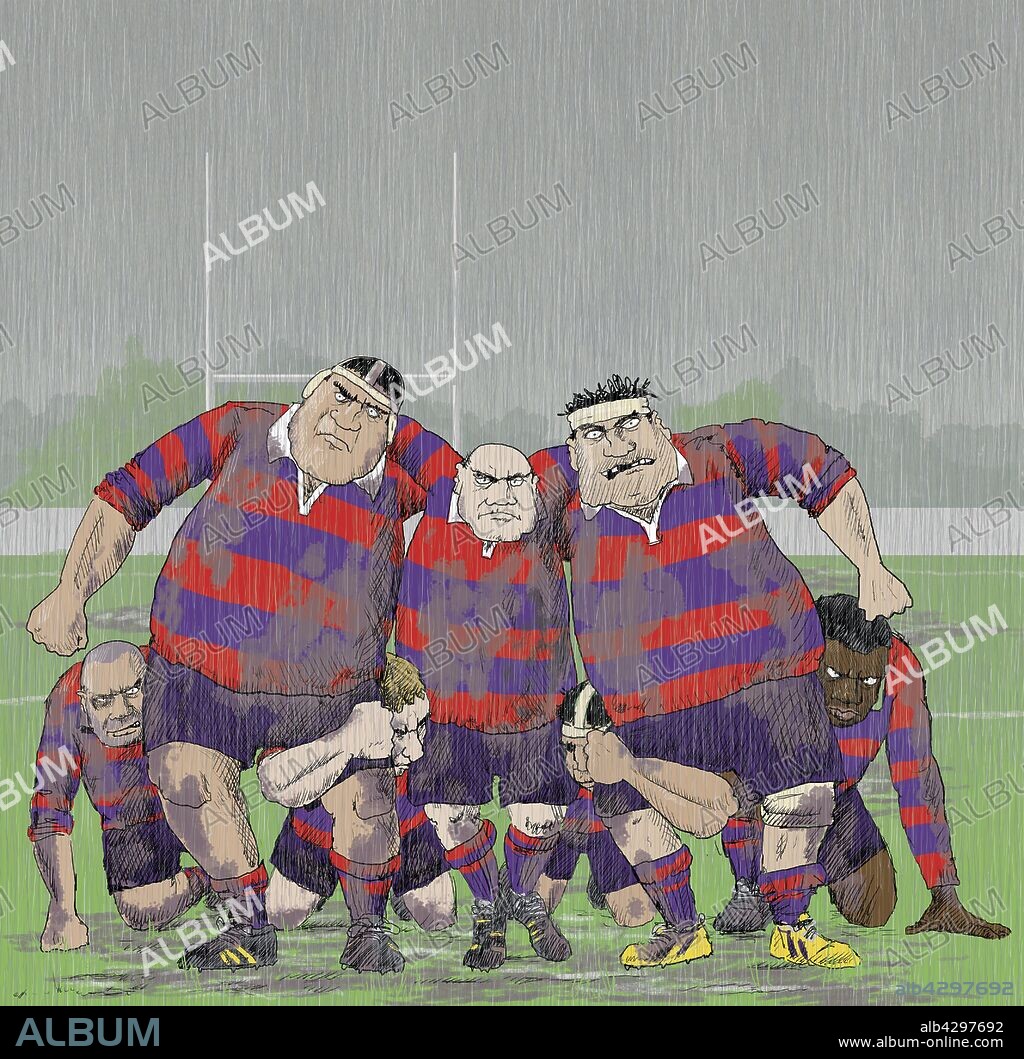 Snarling aggressive older rugby players forming scrum.