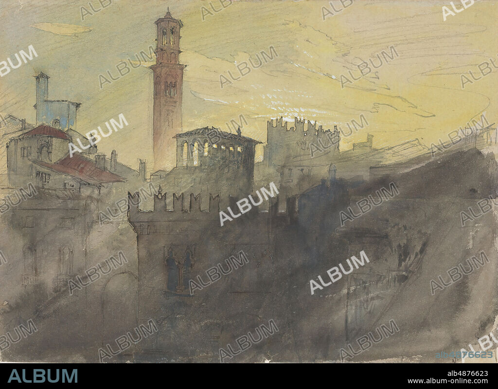 John Ruskin, Verona at Sunset, ca. 1850, watercolor and black ink over graphite on gray wove paper, 6 3/8 in. x 9 15/16 in. (16.19 cm x 25.24 cm), One of the 102 European and American drawings and watercolors gifted to Bowdoin College in 1956 by Miss Susan Dwight Bliss, 'Verona at Sunset' came with the stipulation that it be used to strengthen the teaching potential of the school and Museum, particularly for the benefit of students in Maine. Depicting the Verona roofline at sunset in a deeply shaded style he identified as 'Turnerism' in 'The Modern Painters,' Ruskin likely created this watercolor while studying in Italy in 1851, when he completed a number of watercolors as studies for his book 'The Stones of Venice' (1851). While based in Venice, Ruskin was enamored of Verona, which he called his 'dearest place in Italy.' He admired the city for its 'perfect examples of the great twelfth-century Lombardic architecture, which was the root of all the medieval art of Italy, without which no Giottos, no Angelicos, no Raphaels would have been possible.'.