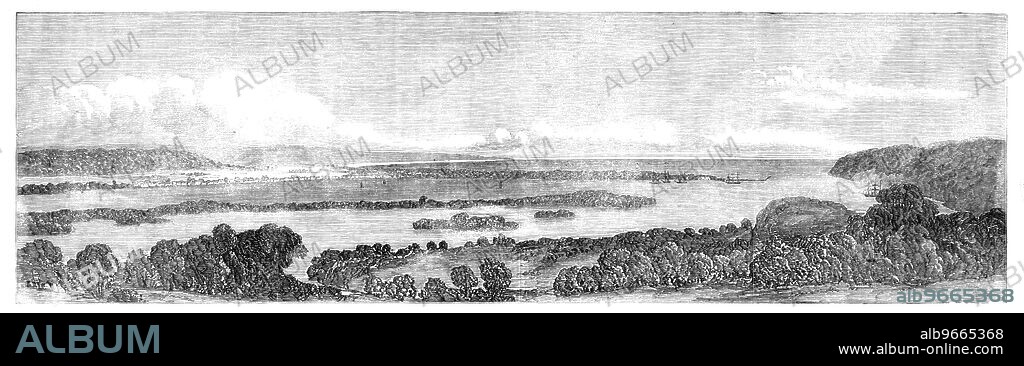 The Bay of Natal, 1857. View in South Africa, from a sketch by Mr. James B. West. 'Natal has been described as a long strip of country in South Africa, along the coast and inland as far as the Drakenaberg, or Quathlamba Mountains, its port lying 1000 miles to the north-east of the Cape of Good Hope. Of this grand natural feature [the engraving] presents a strikingly picturesque view'. From "Illustrated London News", 1857.