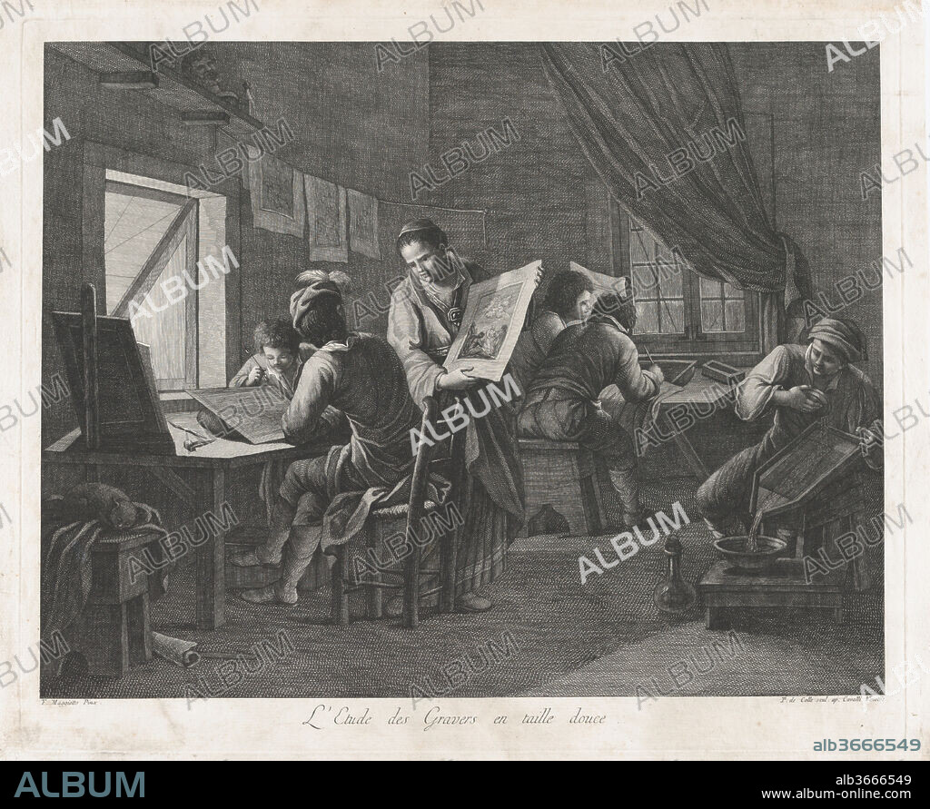 The Printmaking Workshop. Artist: Pellegrino dal Colle (Italian, Belluno 1737-1812 Venice); After Francesco Maggiotto (Italian, Venice 1738-1805 Venice). Dimensions: Sheet: 15 1/2 × 18 9/16 in. (39.3 × 47.2 cm)
Plate: 14 9/16 × 12 in. (37 × 30.5 cm). Publisher: Niccolò Cavalli (Italian, Longarone, 1730-1822). Date: 1750-1800.