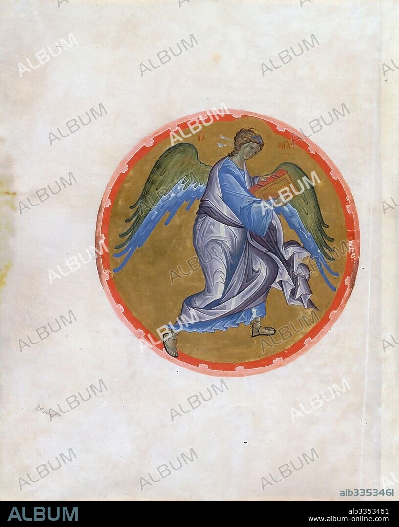 ANDREI RUBLEV. Angel. Symbol of Matthew the Evangelist (From the Morozov Gospel from the Kremlin Cathedral of the Dormition).