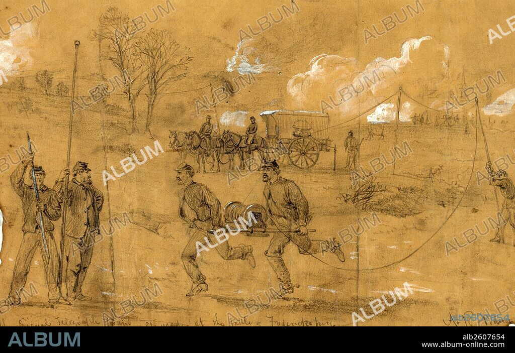The signal telegraph train as used at the battle of Fredericksburg, drawing, 1862-1865, by Alfred R Waud, 1828-1891, an american artist famous for his American Civil War sketches, America, US.