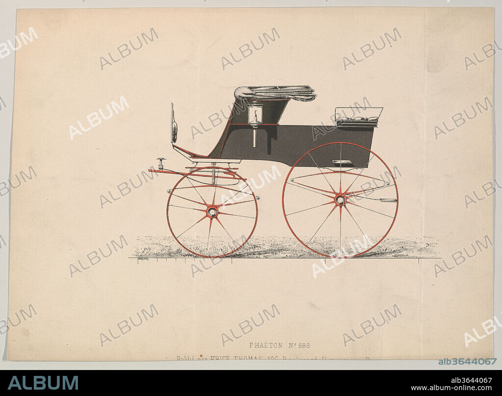 Design for Phaeton, no. 288, from Le Guide du Carrossier. Artist: Designed and published by Brice Thomas (French, active Paris, from 1830). Dimensions: sheet: 6 1/8 x 8 1/2 in. (15.6 x 21.6 cm). Date: ca. 1870.
Brewster & Company History
Established in 1810 by James Brewster (1788-1866) in New Haven, Connecticut, Brewster & Company, specialized in the manufacture of fine carriages. The founder opened a New York showroom in 1827 at 53-54 Broad Street, and the company flourished under generations of family leadership. Expansion necessitated moves around lower Manhattan, with name changes reflecting shifts of management-James Brewster & Sons operated at 25 Canal Street, James Brewster Sons at 396 Broadway, and Brewster of Broome Street was based at 372 & 374 Broome Street with a repository (showroom) on 14th Street & Fifth Avenue. By 1874, Brewster & Company had 400 employees and combined warehouse and factory facilities at 47th & 48th Streets and Broadway. Brewster successfully branched out to produce their own automobiles, as well as supplying bodies for Rolls Royce at their Long Island City location. Notable clientele included Alfred Gwynne Vanderbilt, August Belmont, J.P. Morgan, John Jacob Astor, Andrew J. Cassatt (brother of artist Mary Cassatt), William Rockefeller, Henry Clay Frick and Pierre Lorillard. 
Talented draftsmen employed by the firm included Paul Steinbeck, Herman Stahmer and John Gribbon, the latter teaching at the Carriage Builders and Designers Technical School, which opened in 1880 and was housed initially at the Metropolitan Museum of Art. When the company finally dissolved in 1923, its last owner William Brewster (1866-1949) donated its archive of design and presentation drawings to the Museum where he served as benefactor and trustee.
Of all American carriage manufacturers, none was as highly regarded for design, finish and quality as Brewster & Company. They won many awards for outstanding workmanship, including the Legion d'Honneur (Legion of Honor) at the 1878 Paris Exposition (3rd World's Fair). In appreciation for this achievement the Carriage Builders' National Association presented them with a gold enameled Tiffany & Company plaque and autograph book signed by leading American carriage builders, both now at the Metropolitan Museum of Art.
Merri Ferrell, 2016.